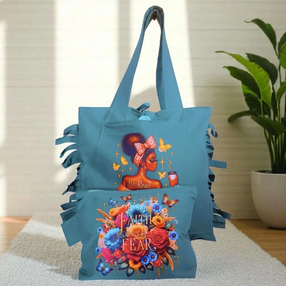 Artistic Blue Tote with Fringe Details